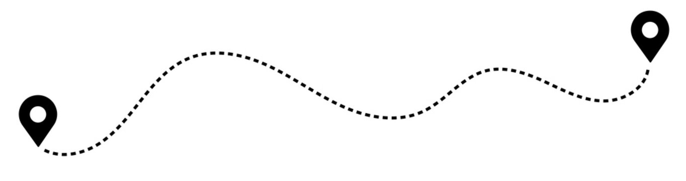 Dashed path route between two map pin locations with dashed line travel route dotted line navigation system location navigation