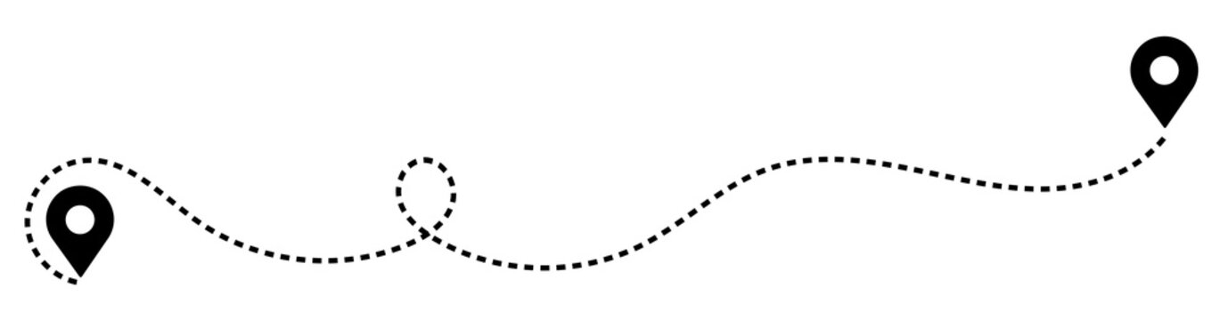 Dashed path route between two map pin locations with dashed line travel route dotted line navigation system location navigation