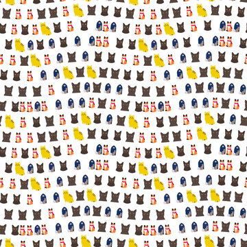 Seamless pattern of cartoon cats and stylized windows