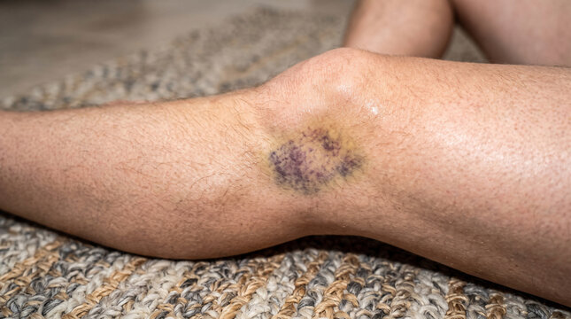 Bruise on Knee: Close-up shot of a significant bruise on a person's knee, showing the discoloration and texture of the injured skin on a textured surface.