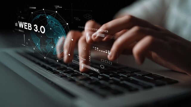 Hands Typing on Keyboard with Web 3.0 Concept and Global Network Visualization in Background for Digital Innovation and Future Technology Themes. Entropy.