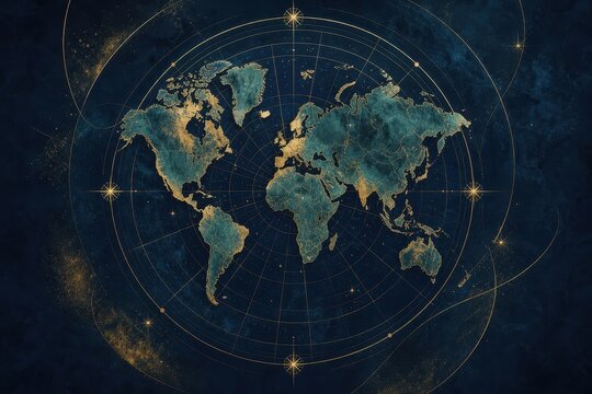 Vintage celestial world map with stars, continents, and orbital rings