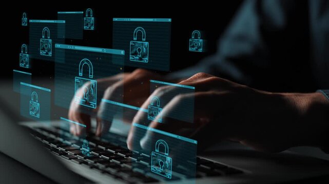 Digital Security Concept with Hands Typing on Keyboard Surrounded by Floating Lock Symbols Representing Data Protection and Cybersecurity Measures. Entropy.