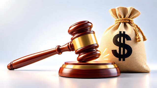 Wooden judge gavel next to a money sack with a dollar sign. Concept of corporate governance, financial penalty and business dispute.