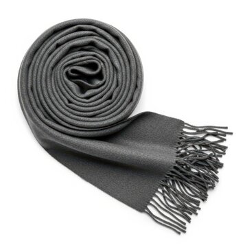 Coiled gray knitted scarf with fringe detail