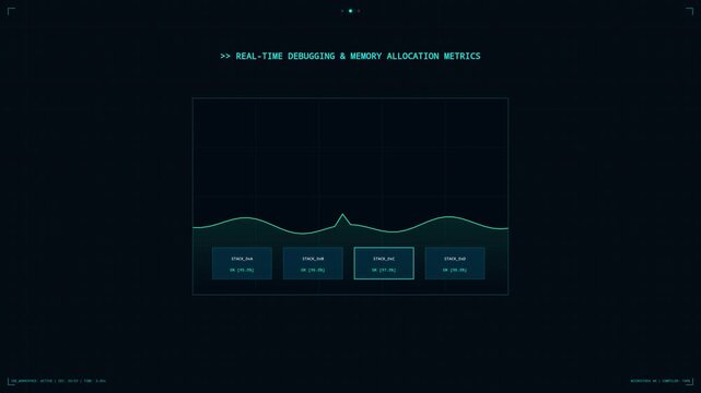 Futuristic Cybernetic IDE Workspace HUD with Real-Time Code Compilation and Memory Allocation Metrics Loop Background