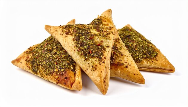 baked triangular pita bread slices coated with traditional green zaatar spice