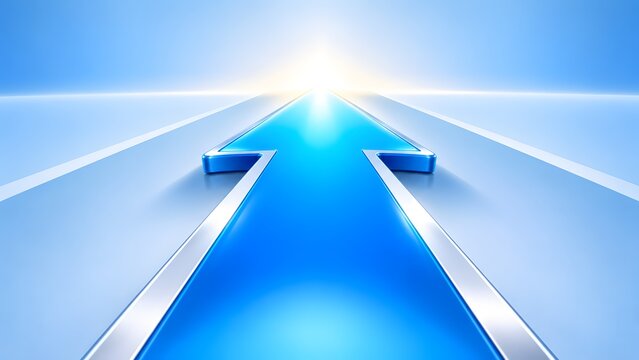 Blue 3d arrow pointing forward on an illuminated path towards a bright horizon. Concept of corporate future progress and business strategy.