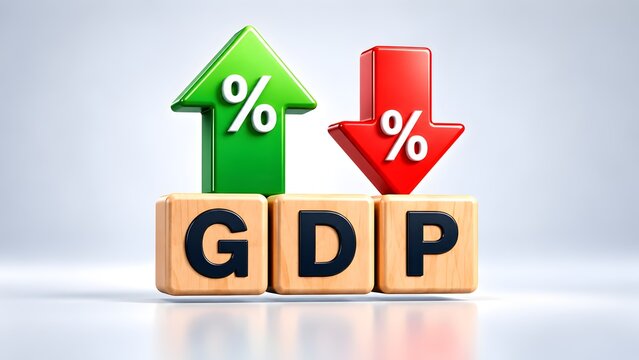 Wooden blocks spelling GDP under green up and red down percentage arrows. Concept of macroeconomic volatility and national economic growth.