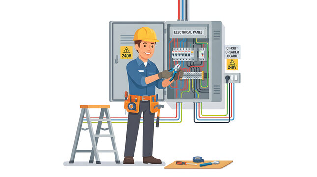 Professional electrician repairing an electrical panel with tools