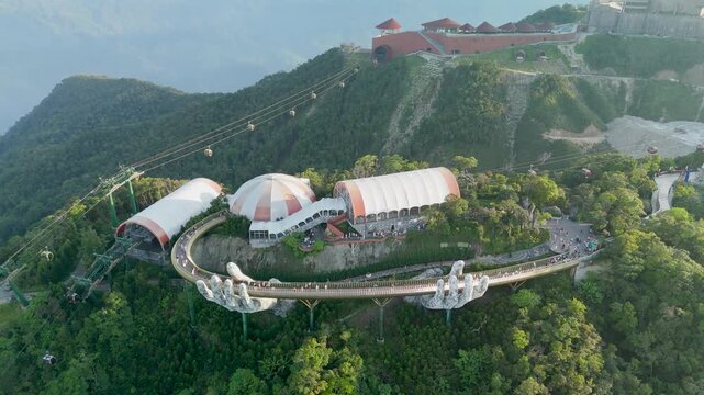 Breathtaking aerial view of the iconic bridge held by giant stone