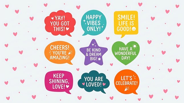 A vibrant collection of colorful hand lettered inspirational quotes displayed in diverse shapes against a gentle light pink dotted background promoting positivity