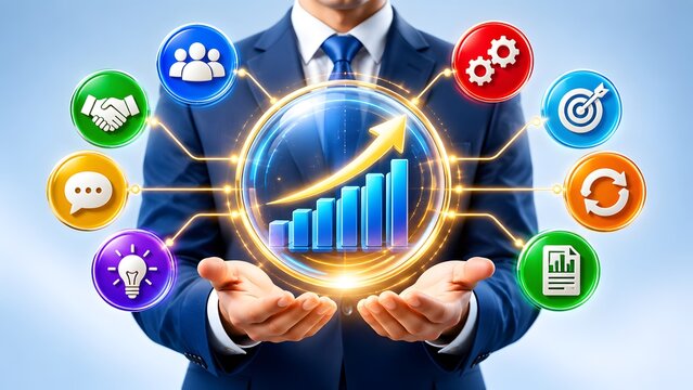 Businessman holding a glowing growth chart with connected digital icons. Concept of comprehensive corporate strategy and synergistic development.