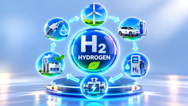 Glowing h2 hydrogen energy cycle diagram with industry icons on a blue podium. Concept of esg compliance and sustainable green energy infrastructure.