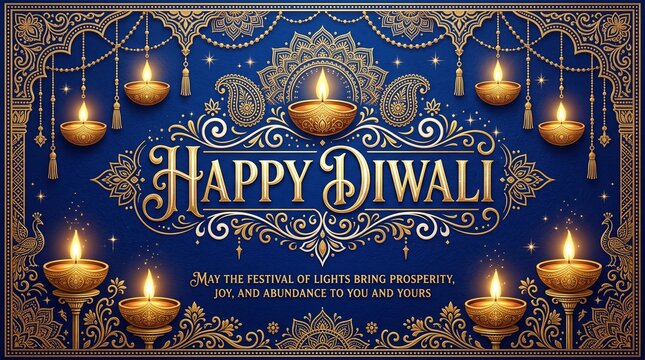 Happy Diwali greeting card with lit oil lamps and golden mandala patterns. Deep blue background with intricate filigree borders and sparkling lights. Festive celebration banner design