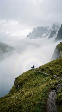 Two tiny silhouettes standing on an empty green hillside in the Faroe Islands, dense ocean fog rolling across the valley and a faint white fogbow forming inside it, distant cliffs barely visible
