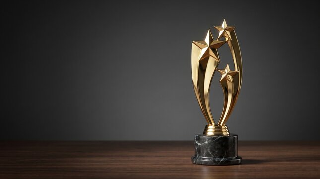 Gold Three Star Trophy Award Placed on a Wooden Surface Against a Professional Dark Grey Backdrop