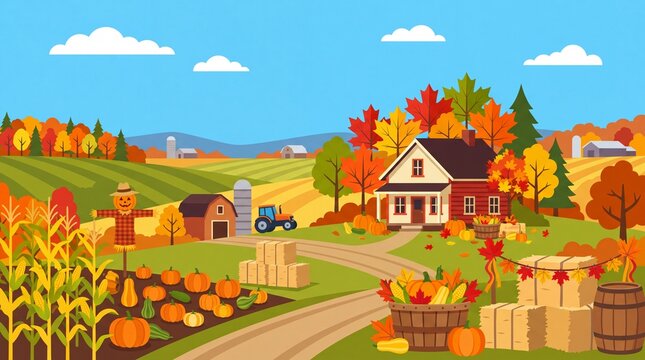 Thanks giving harvest farm landscape scene flat vektor