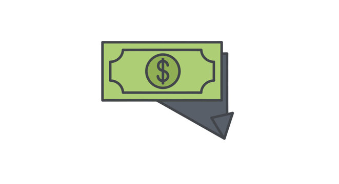 Minimalist vector icon of a green dollar bill with a downward grey arrow representing financial loss and economic depreciation, ideal for business presentations and budget analysis.