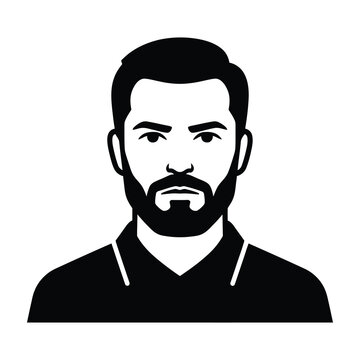 Black and white vector illustration of a handsome bearded man portrait in monochrome style