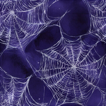 Spider web pattern with intricate silver threads on dark purple background creating enchanted witchy design