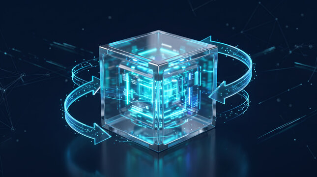 Glowing blue digital glass cube with rotating arrows symbolizing data sync, cyber process, cloud computing, network security, and internet connectivity in a dark background