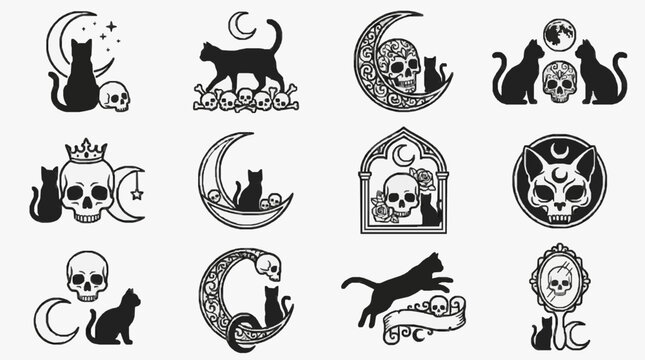 Elegant Black Cats and Skulls Gothic Halloween Art Collection