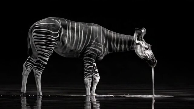Okapi Drinking From Forest Pool Black and White Wildlife