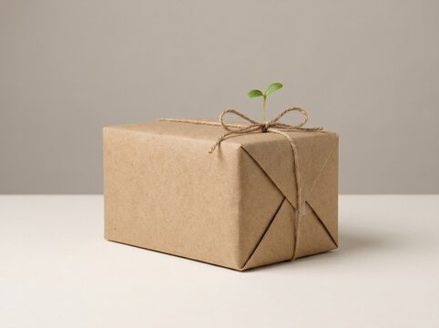 Eco friendly parcel wrapped in kraft paper with green sprout growing from twine knot