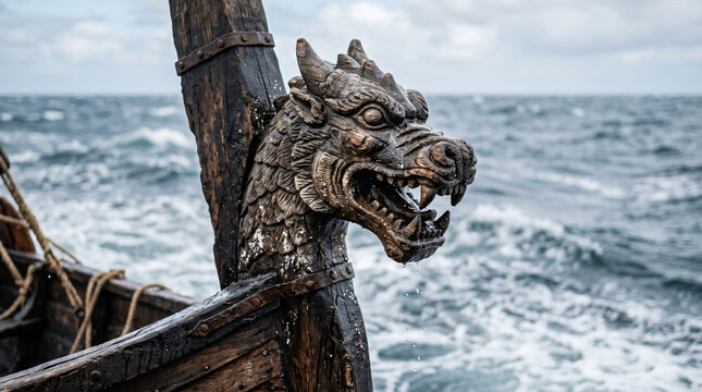 Viking Ship Dragon Head: A weathered wooden dragon figurehead adorns the prow of a Viking longship sailing on a rough, choppy sea under a cloudy sky.