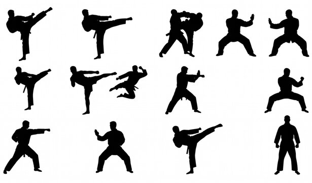 Martial Arts Black Silhouette Vector Set with Karate Taekwondo and Fighting Poses