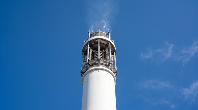 White industrial exhaust stack fitted with electrostatic carbon capture scrubbers under clear blue sky