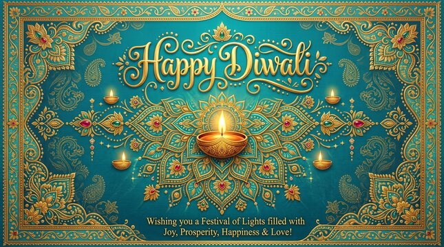 Happy Diwali greeting card with glowing diya oil lamps and intricate golden mandala patterns on a teal textured background. Traditional Indian festival of lights celebration poster design