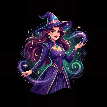 Modern Vector Illustration of a Beautiful Young Witch