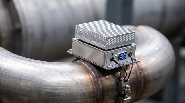 Thermoelectric module mounted on industrial exhaust pipe converting waste heat directly into electricity