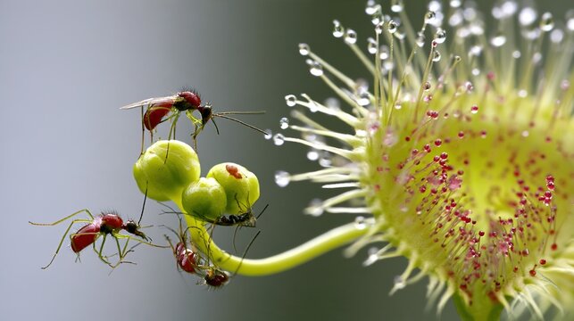 flytrap. A Venus flytrap flower surrounded by insects in a close-up view. gardening catalogs, home-decor guides, designed for gardening and botanical catalogs, used by policy analysts.