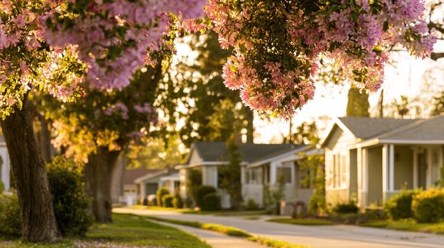 suburban. Charming suburban street lined with flowering trees and cozy single-story homes bathed in warm golden light. lifestyle magazines.