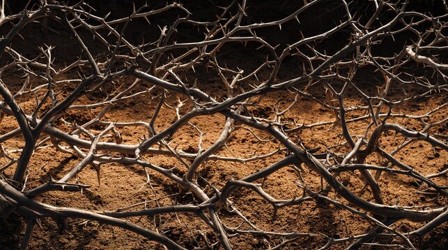 entanglement. Close-up of intertwined thorny branches on dry soil. gardening catalogs, home-decor guides, botanical posters, designed for gardening and botanical catalogs, used by chefs.