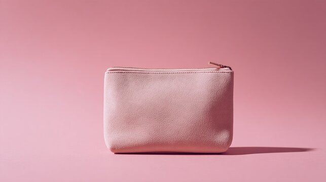 pouch. Elegant cosmetic pouch on a soft pink background, minimalist beauty accessory composition. lifestyle magazines.