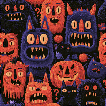 Funny Halloween creature seamless pattern with wide mouthed monsters and spooky pumpkin faces in dark colors