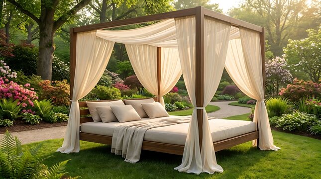 Wooden canopy bed with curtains in a beautiful lush green garden at sunset. garden daybed ideas