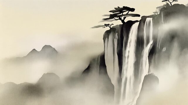 Traditional Japanese ink wash painting of a waterfall flowing down a misty mountain cliff with pine trees and drifting fog, zen landscape background