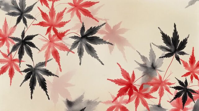 Traditional Japanese ink wash painting of red and black autumn maple leaves growing and falling on beige paper, momiji fall background with copy space, vertical video