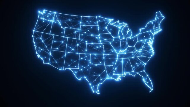 Glowing blue network of connected dots and light lines forming the outline of the continental United States on a dark background, USA digital connection concept