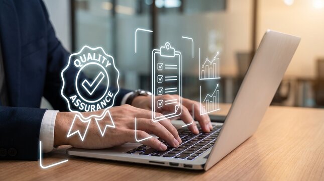 Businessman using laptop for quality assurance control and standard evaluation service in office