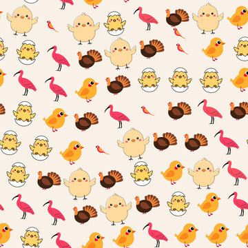 Cartoon Birds Pattern with Chicks and Turkeys
