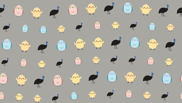 Cartoon chicks, cassowaries, and eggs pattern