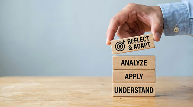 Person stacking wooden blocks with continuous learning and business strategy terms