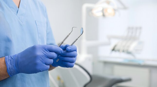 Dentist in blue scrubs and gloves holding dental tools in a modern clinic.