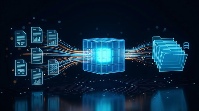 Data processing and organization concept with digital cube and file folders